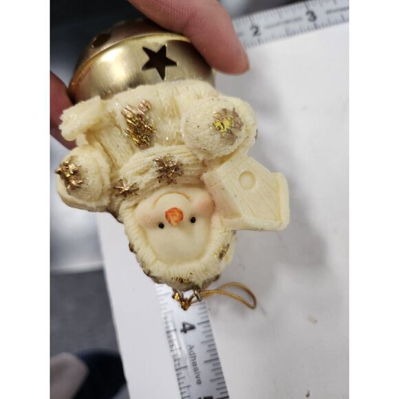 Vintage Snowman Christmas Tree Ornaments With Bells Resin And Brass Set Of 5 - Picture 8 of 8